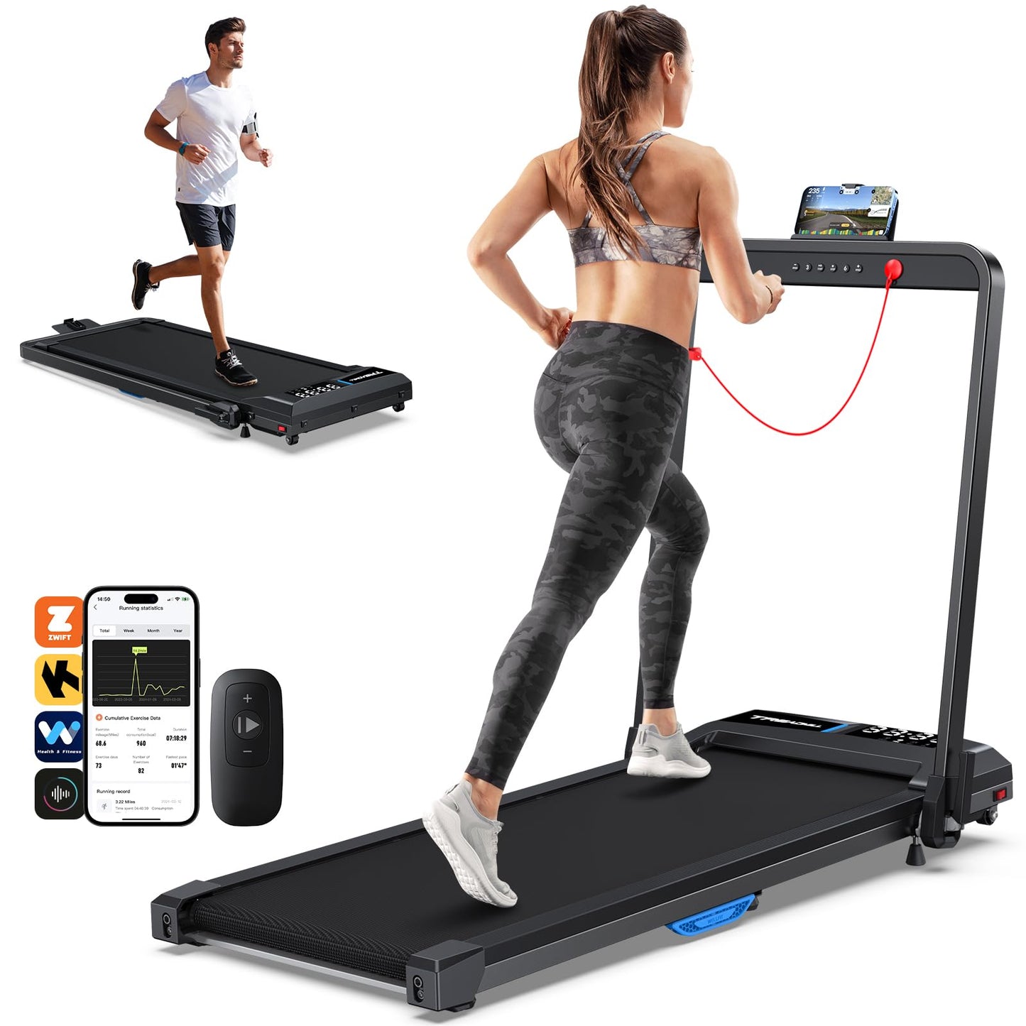 Under Desk Walking Pad Treadmill: Incline Voice Controlled Smart Treadmill 350 lbs Capacity for Home Office Use, Compatible with KINOMAP WELLFIT App