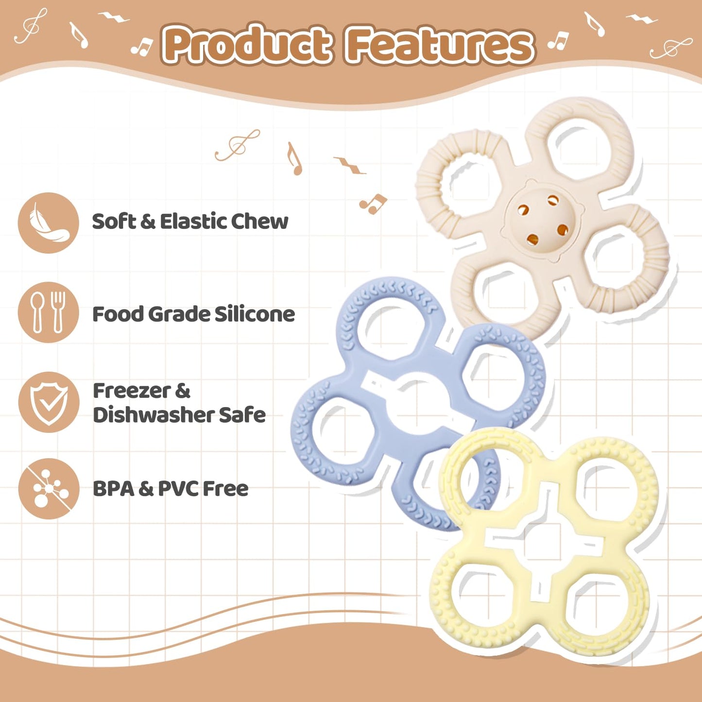 Yaozyety Baby Teething Toys 3 in 1 Silicone Teethers - BPA Free Food Grade Silicone Teething Ring Rattle Toys for Babies 3-6 Months 6-12 Months, Soft & Easy Hold, Baby Chew Toy for Toddlers (Yellow)