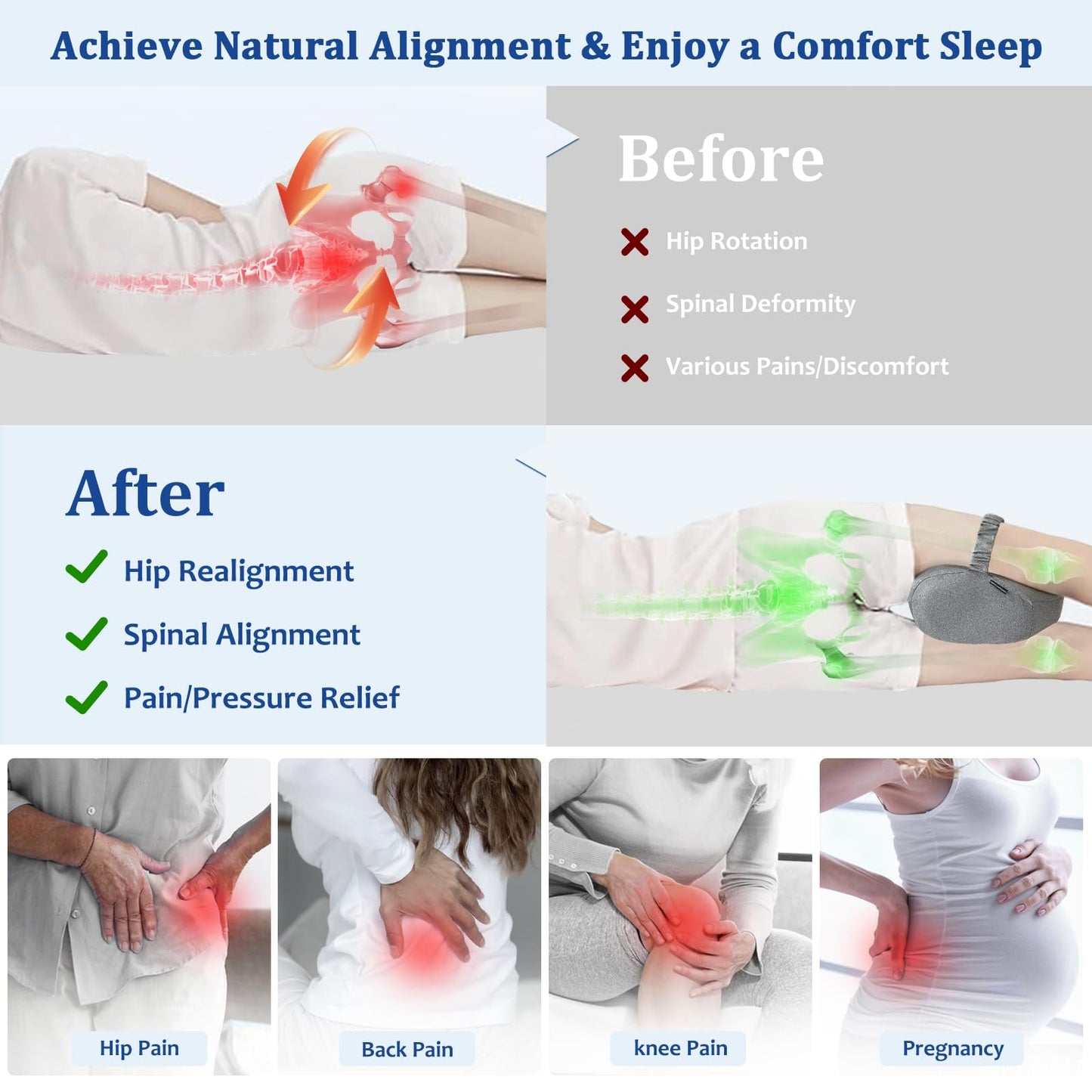 KingPavonini Cooling Knee Pillow for Side Sleepers Hip Pain, Memory Foam Leg Pillow for Side Sleeping with Strap, Ergonomic Hip Pillow for Spine Aligning, Back/Knee Pain, Sciatica, Pregnancy