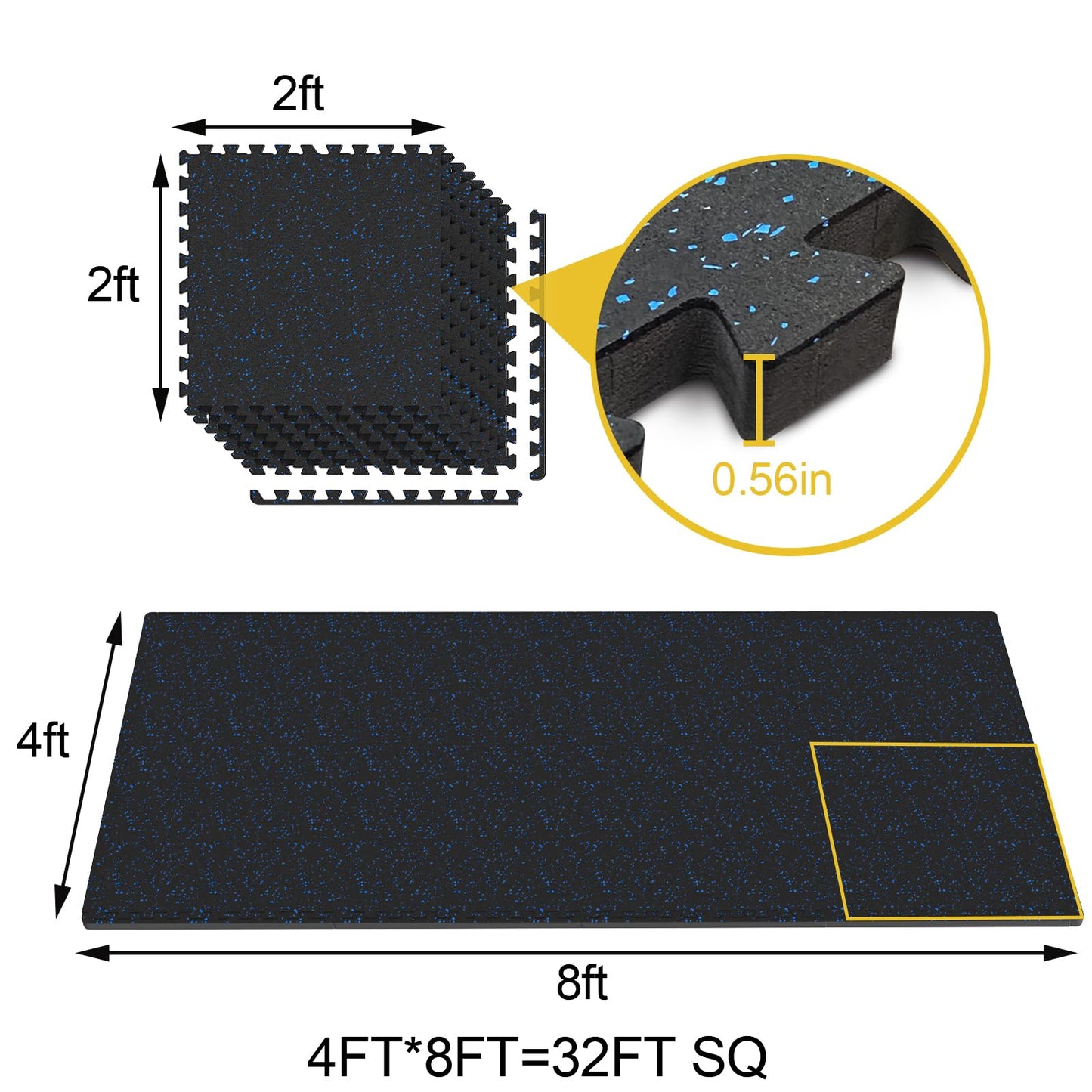 POWER GUIDANCE Gym Flooring Exercise Mats for Home Gym, 0.56 In Thick Gym Floor Mat with Rubber Top, Interlocking Puzzle Foam Flooring Mats (A. Black+10% Blue (8 Tiles) - 32 Ft Sq)