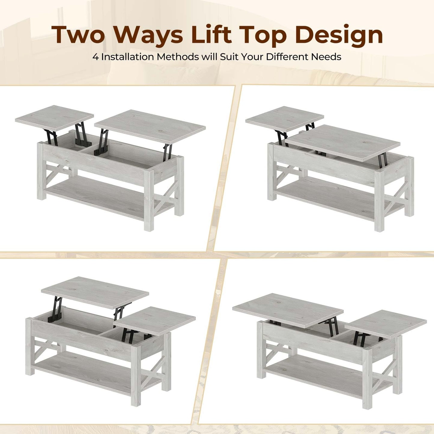 Rolanstar 47.2" Lift Top Coffee Table with Hidden Compartment, 2 Way Lift Top Coffee Table with Open Shelf & X Wooded Support, Farmhouse Center Table for Living Room, Grey