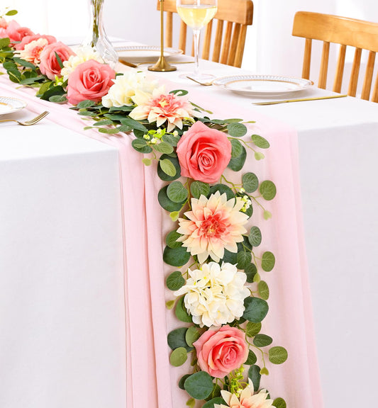 Yastouay 6 Ft Flower Garland with Lights, Pink Rose Floral Garland Fake Flowers for Wedding Arch Party Tables Backdrop Decor