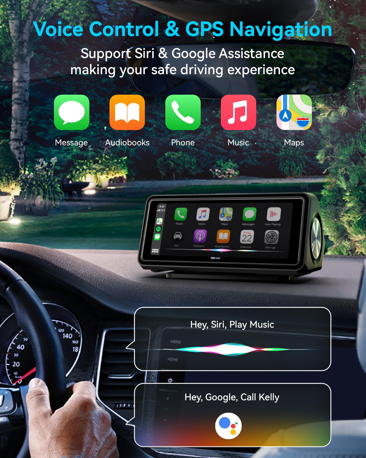 Portable Apple Carplay Screen for Car, Touch Screen with Wireless Android Auto, Car Audio Receivers with Voice Control, Mirror Link, Music Play, GPS Navigation, Built-in Customized Speakers (Black)