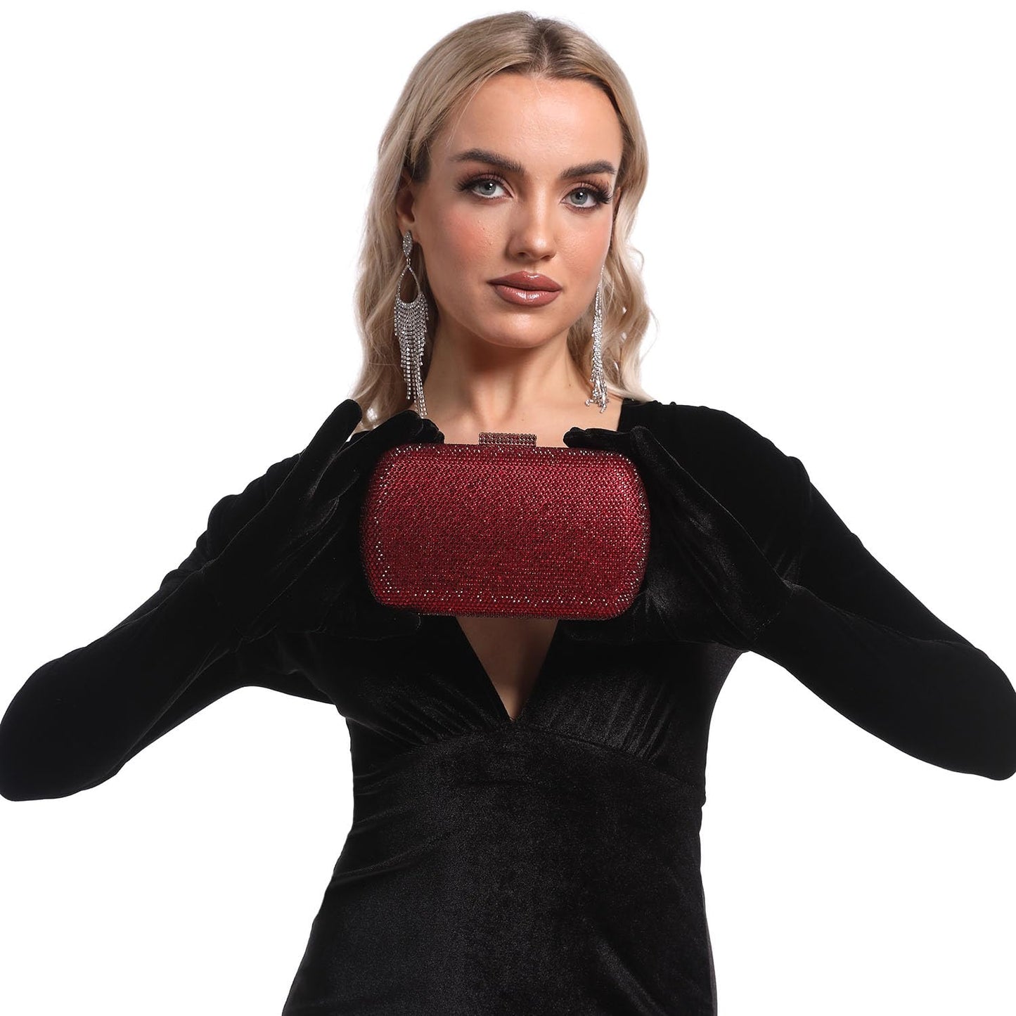 Boutique De FGG Rhinestone Clutch Purse Evening Bags and Clutches for Women Formal Crystal Clutch Bag Wedding Handbags,Mini,Burgundy