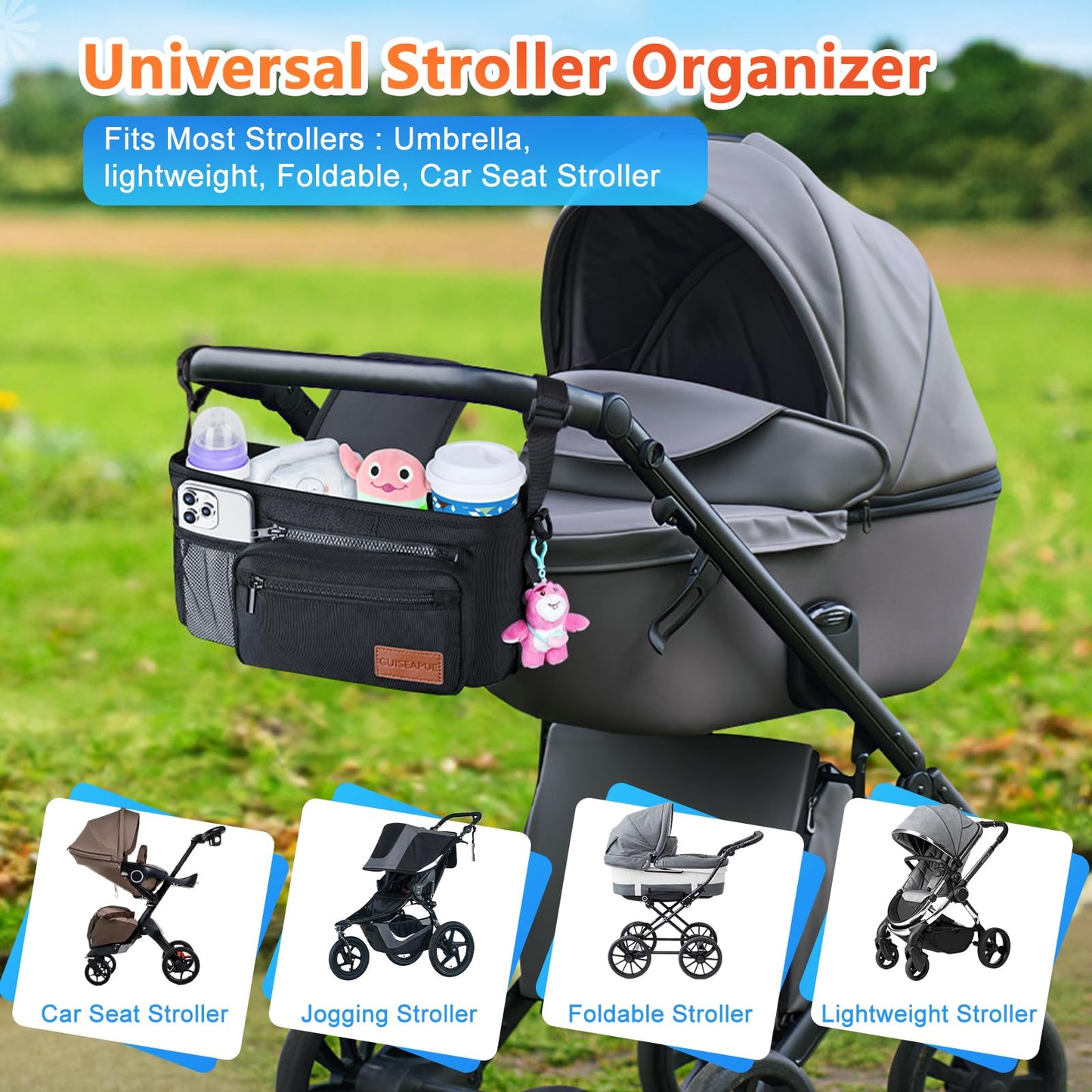 Guiseapue Universal Stroller Organizer with Cup Holder: Baby Travel Essential, Stroller Caddy with Shoulder Strap, Stroller Accessories Fit Uppababy, Baby Jogger Doona, Nuna, Britax, BOB Stroller
