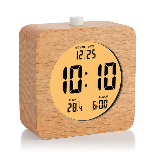 Plumeet Wooden Digital Alarm Clock for Bedrooms, Wood 4'' Battery Powered Alarm Clock with Snooze and Nightlight, Electronic LCD Desk Clock Display Time, Date, Temp, 12/24H, Wood Décor, Round, Brown