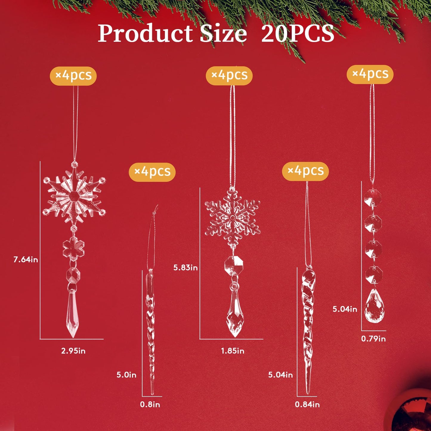 20pcs Christmas Ornaments Set for Tree - Hanging Acrylic Crystal Snowflake Icicle Drop Decorations for Winter Christmas Tree, New Year Party Supplies
