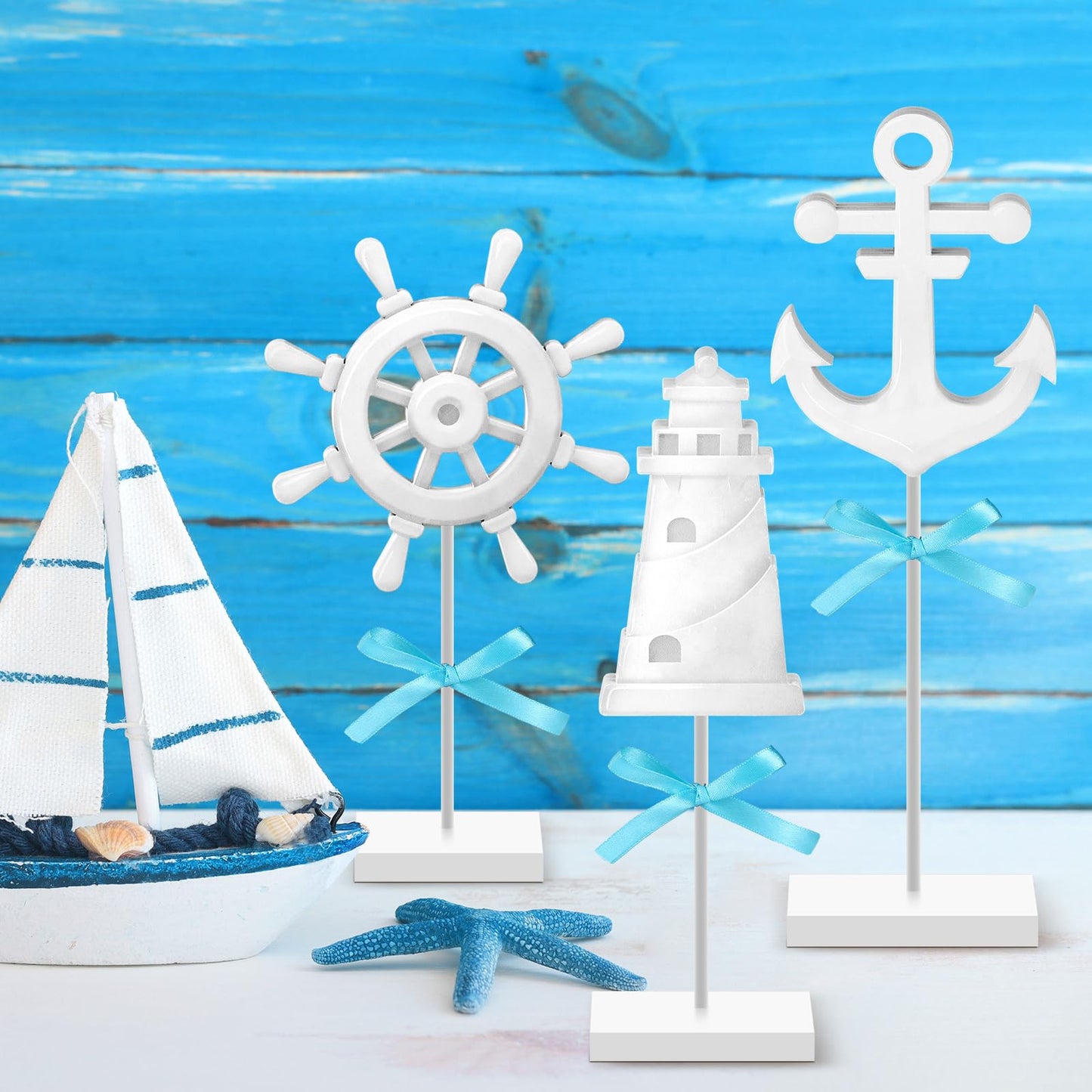 Seeloowy 3 Pcs Summer Nautical Wood Table Decor Anchor, Lighthouse, Ship Wheel Standing Centerpiece Rustic Coastal Farmhouse Beach Ocean Table Topper Sign for Home Kitchen Party