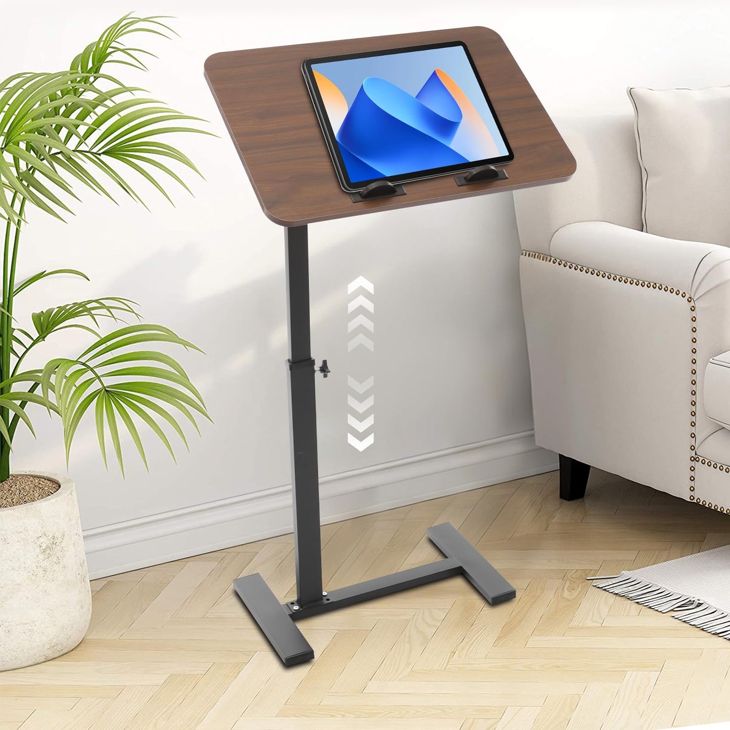 NTNOEA Bedroom C Shaped Side Table, Overbed Table with Wheels Adjustable Height - End Table Living Room Side Table for Laptop, Snack Trays for Eating Coffee Tables for Sofa/Bed/Bathtub (Walnut)