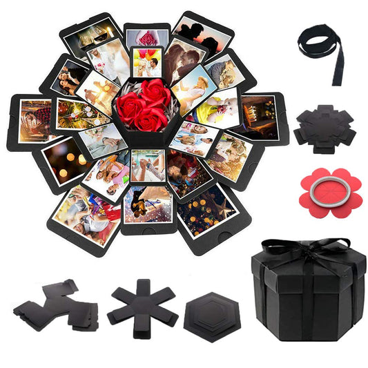 Explosion Box Gifts,Surprise Creative DIY Photo,Exploding Love Box,Love Memory Photo Box with 4 Faces for Anniversary,Birthday,Valentine's Day and Wedding(Black) Square