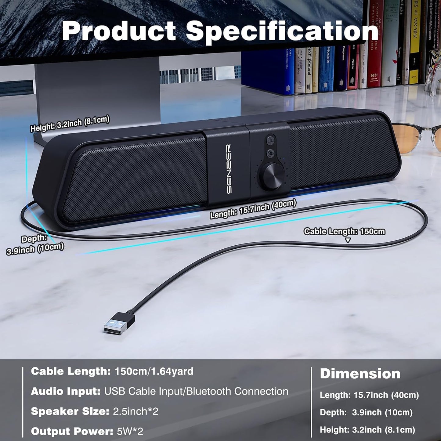 SENZER CS20 2 in 1 Bluetooth Computer Speakers for Desktop, USB Plug & Play Clear Sound PC Speakers with RGB Light, Monitor Sound Bar with Volume Knob, Gaming Speaker for PC Laptop Phone Tablet