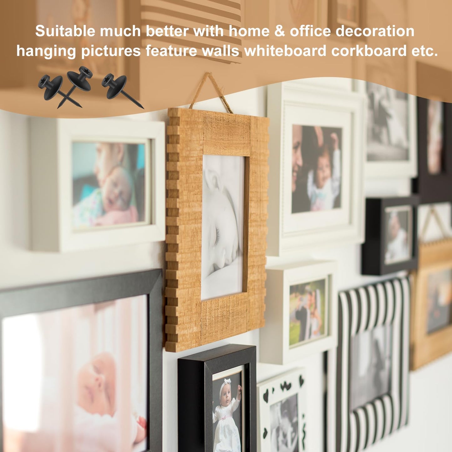 60Pcs Double Headed Picture Hanging Nails,Thumb Tacks for Wall,Small Head Hanging Nails Push Pins, for Drywall Cork Board Home Office Photo Decorations(Black)