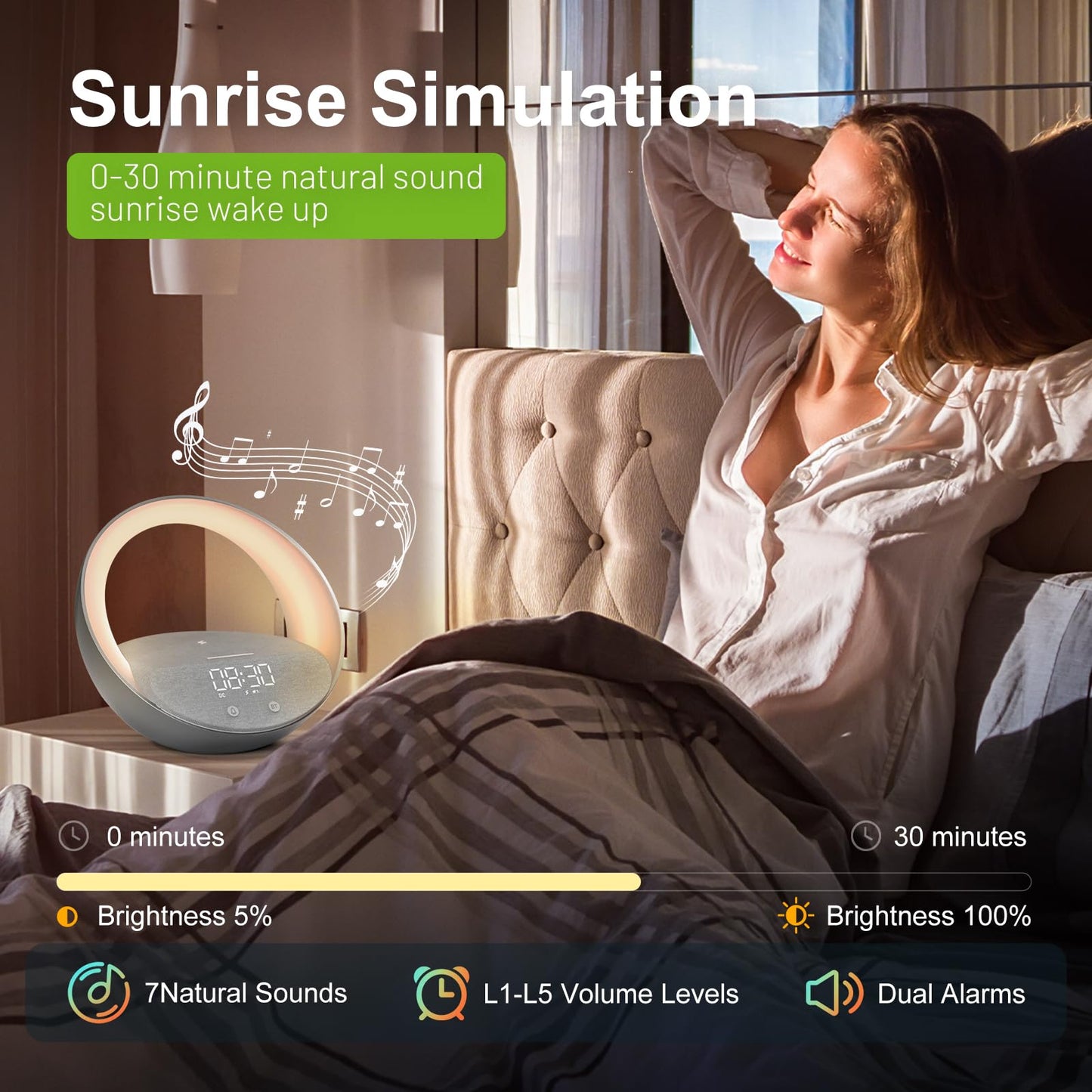 FUNFOR Bluetooth Alarm Clock, Sunrise Simulation Wake Up Night Light, 15W Fast Wireless Charging Alarm Clock for Bedroom, 10W Bluetooth Stereo Sound Speaker, USB Charger Port