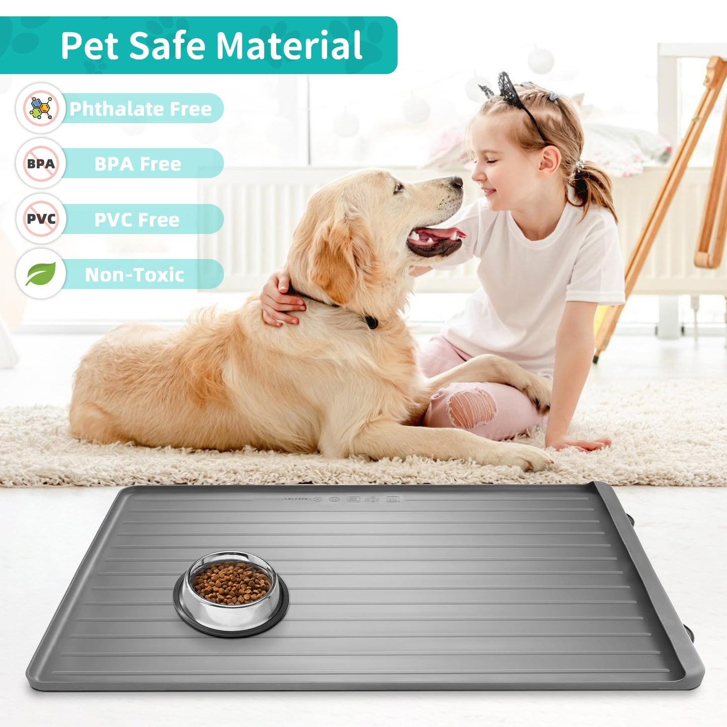 Dog Mat for Food and Water - 39.4" x 27" Large Pet Feeding Mats with Residue Collection Pocket - Waterproof Dog Cat Bowl Mat with High Edges to Prevent Water and Food Spills (Light Grey)