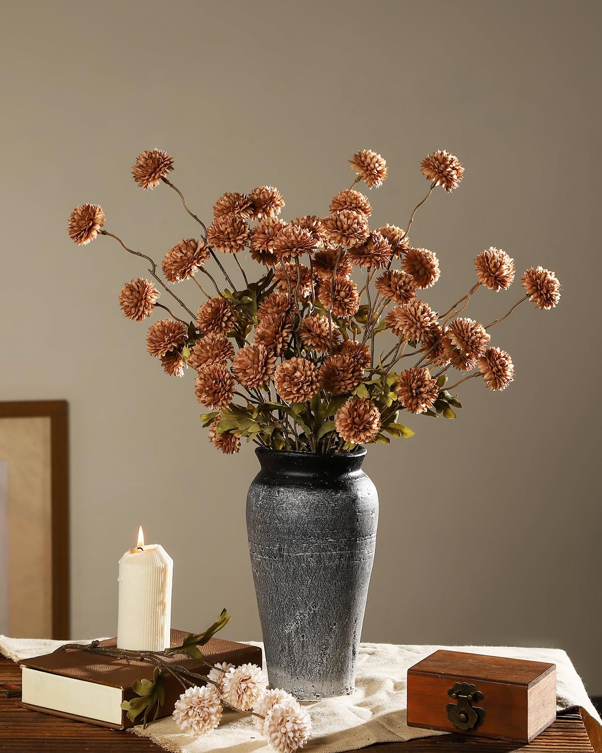 DuHouse 6pcs Artificial Flowers Faux Silk Pompon Mum,Silk Small Mini Chrysanthemum Ball with Stems for DIY Bouquets Centerpieces Vase Home Table Kitchen Decoration(Coffee)