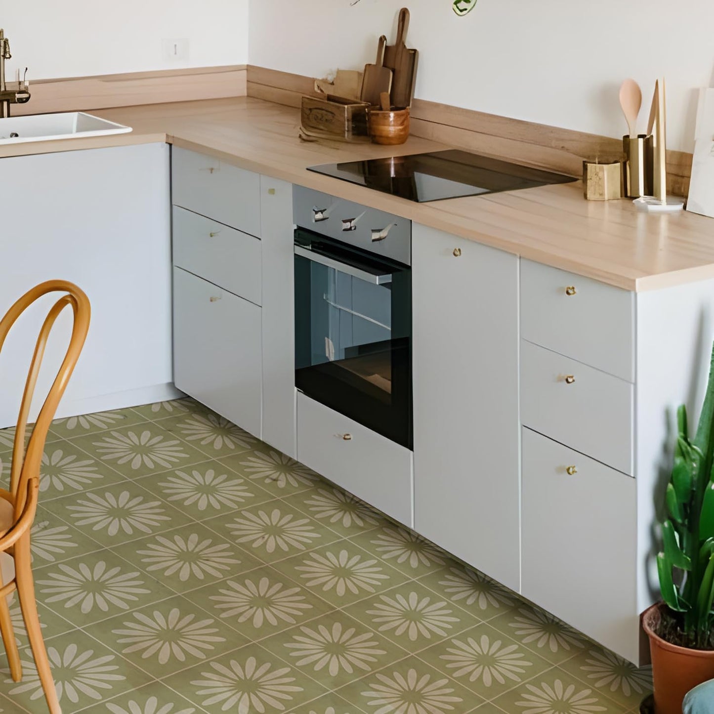 Alwayspon 25PCs Peel and Stick Tile Transfer Stickers, Green White Floral Tile Decal Self-Adhesive Vinyl Backsplash Stick on Tiles for Kitchen Bathroom, 15cm/6inch