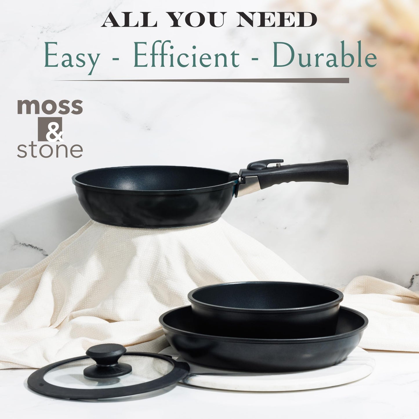 Moss & Stone 10pcs Black Pots and Pans Set Non Stick, Cookware Sets Detachable Handle, RV Kitchen Set Removable Handle, Oven Safe, Induction Ready, Stackable Non-stick Set, Camping Cookware Set