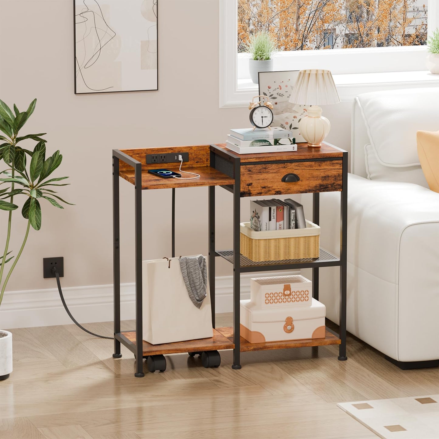 Furologee Printer Stand with Storage Drawer,Printer Table with Charging Station and USB Port,Industrial 3 Tier Shelf, Shredder Stand with Wheels,for Home Office,Rustic Brown