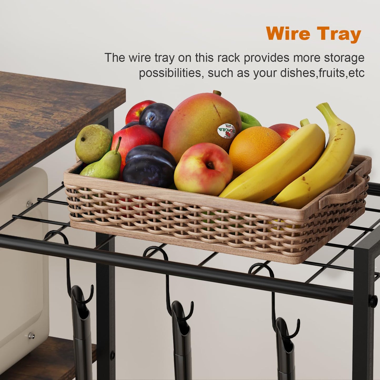 INHABIT UNION Kitchen Stand with Pots Rack Microwave Oven Stand with Storage, Small Bakers Rack Stand with 3 Hooks, Coffee Bar Table with Storage for Spices,Pots,Utensils,Pans,Foods,Rustic Brown