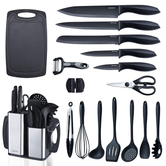 RAXCO Kitchen Utensils Set,18-Piece Cooking Tools and Sharp Knives,Stainless Steel Holder and Cutting Board