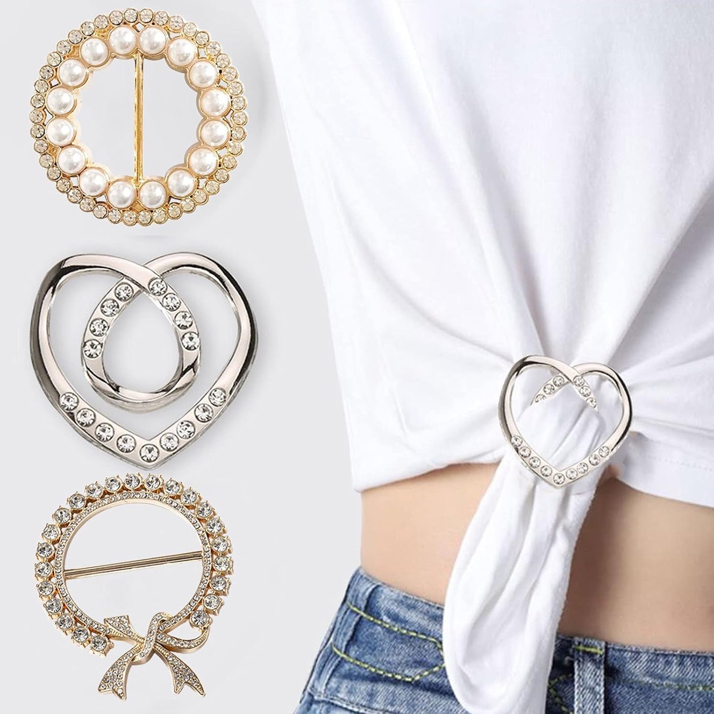 Scarf Tie Buckle Rings for Women,12PCS Metal Party T Shirt Pearls Rhinestone Clips,Clothes Corner Knotted Button for Women Girls Decorative Accessories