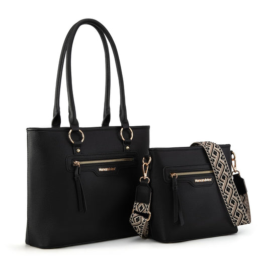 Montana West tote bag for women medium crossbody purse set 2pcs black cute trendy woman handbag and purse ladies designer handbag with guitar strap MWC2-330BK