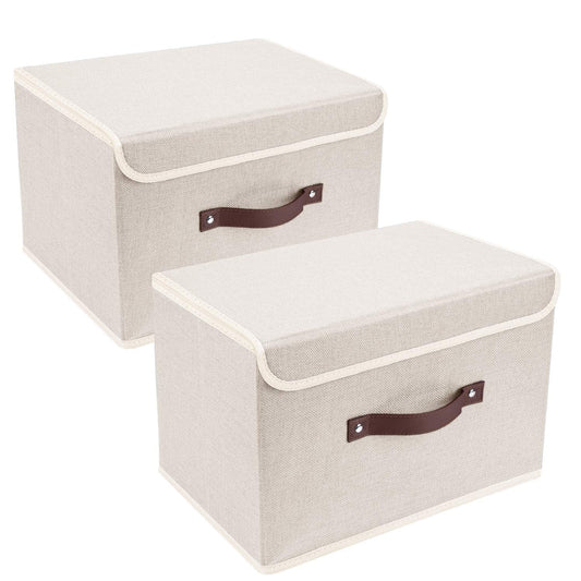 TYEERS Collapsible Storage Boxes, Washable Fabric Storage Bins with Lids, 14.9x9.8x9.8 inches, 2 Pack, Beige