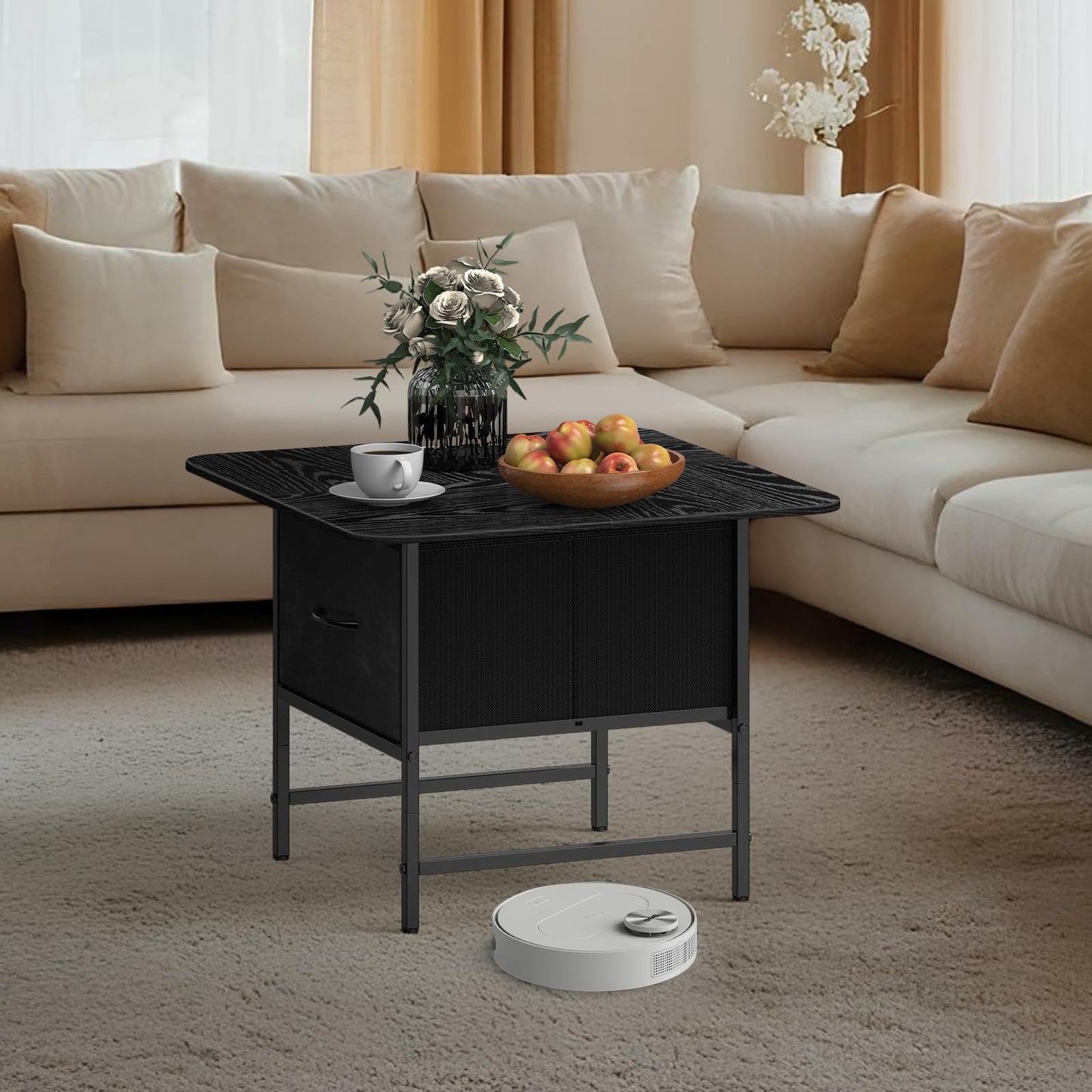 Shinoske Square Coffee Table with Storage Drawer,Small Black Coffee Tables for Living Room,2-Tier Farmhouse Center Table with Round Corners for Small Space,Apartment,Office