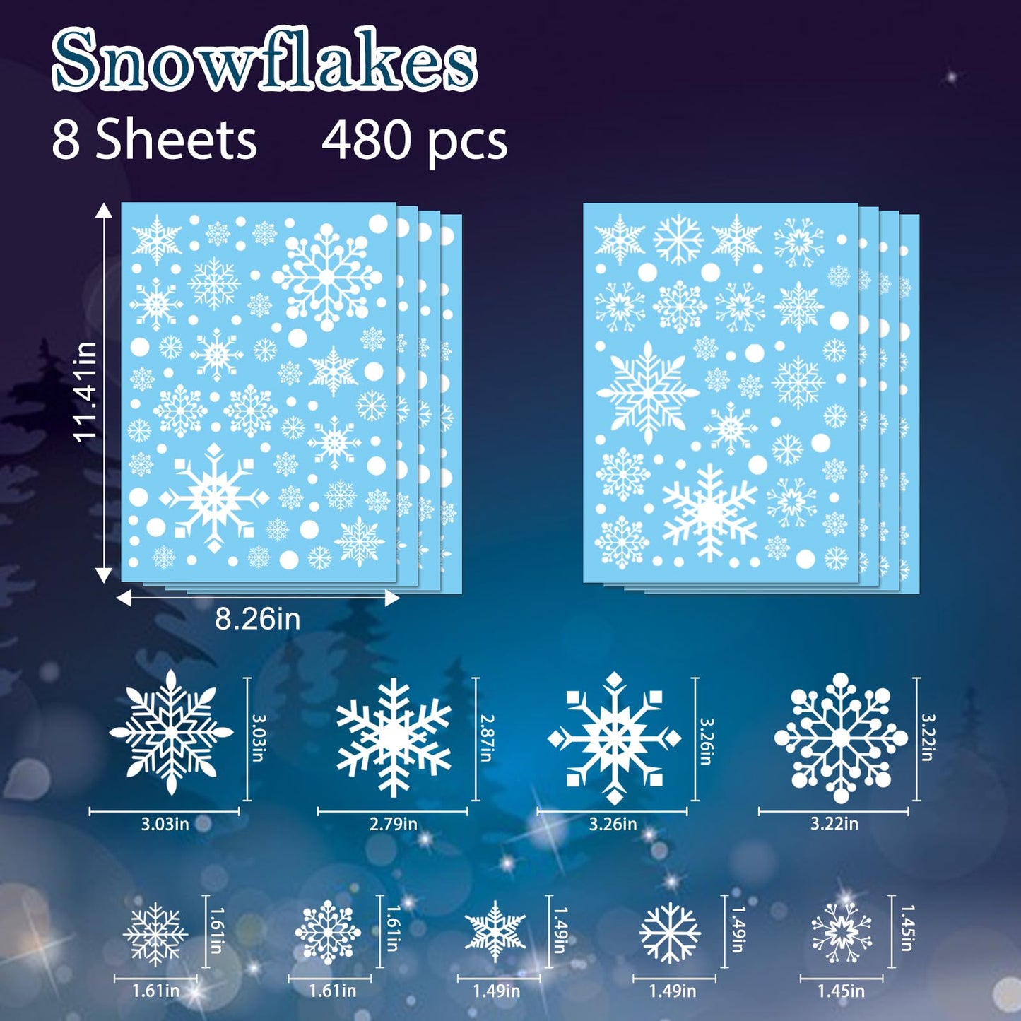 AOWDIAO Christmas Decorations 480 Pcs Snowflakes Window Clings 8 Sheets Snowflakes Decor Double-Sides Christmas Window Glass Stickers Decals for Home Party Supplies