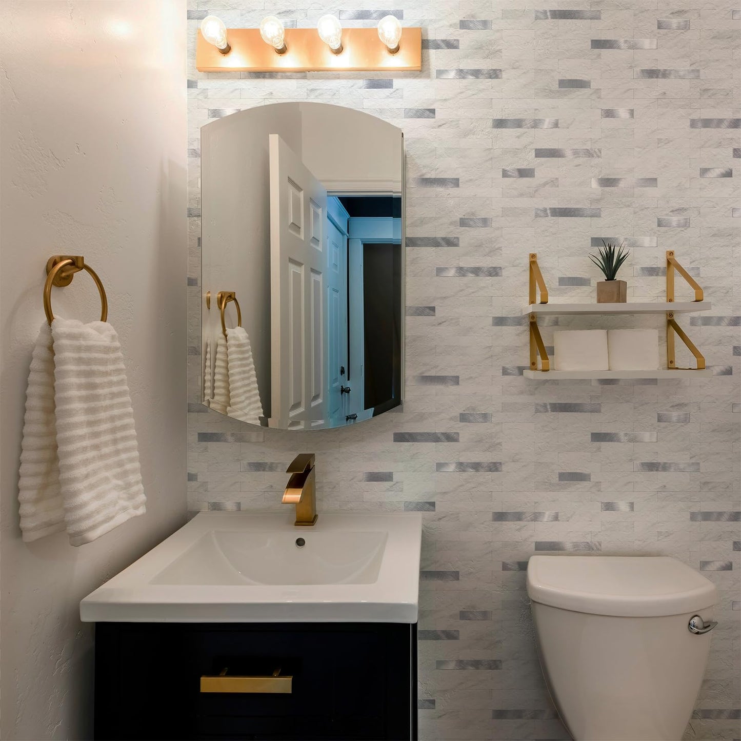 StyloVue 2 Sheets Peel and Stick Backsplash for Kitchen, White Marble with Metal Silver Look Stick on Tile Upgrade Your Kitchen Backsplash, RV, Fireplace