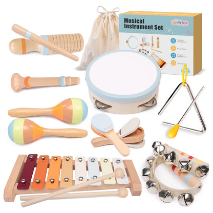 Baby Musical Instruments Set - Montessori Wooden 18 Month Old Baby Musical Toys, Toddler Percussion Instruments Xylophone Maracas Tambourine for Kids, 2 3 4 Year Old Baby Girls Boys Birthday Gifts