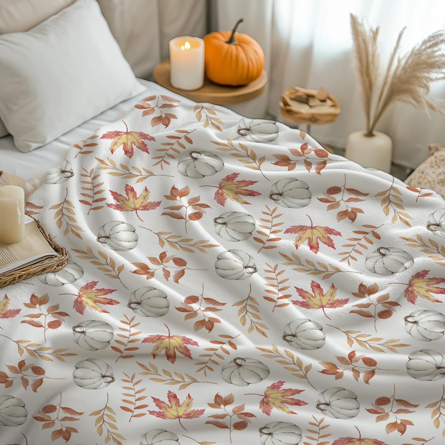 Horaldaily Fall Flannel Blanket Throw, White Pumpkin Orange Leaves Soft Fuzzy Plush Cozy Fleece Blankets for Couch Sofa Bed Lounging, Ideal Gifts for Kids Adults Wife Self, 50x60
