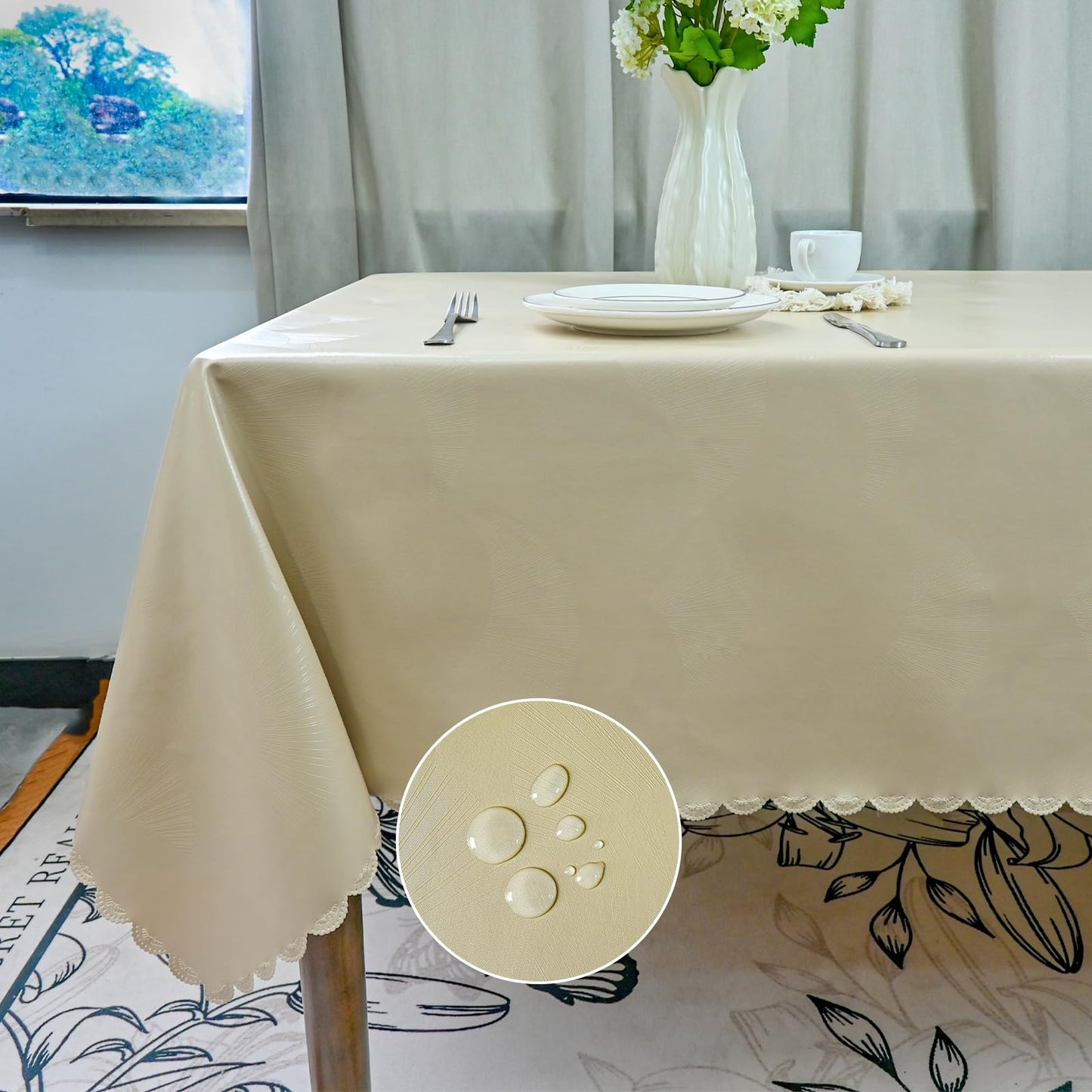 Xirggur Rectangle Table Cloth, Waterproof Heavy Duty Vinyl Tablecloths, Wipeable Washable Table Cover for Kitchen and Dining Room (Beige, 60" X 84")