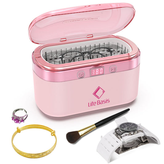 LifeBasis Ultrasonic Jewelry Cleaner, 17 OZ Ultrasonic Cleaner with 42kHz, Portable Jewelry Cleaner with 5 Cleaning Timer and Watch Holder for Jewelry Eyeglasses Watches Gold - Pink