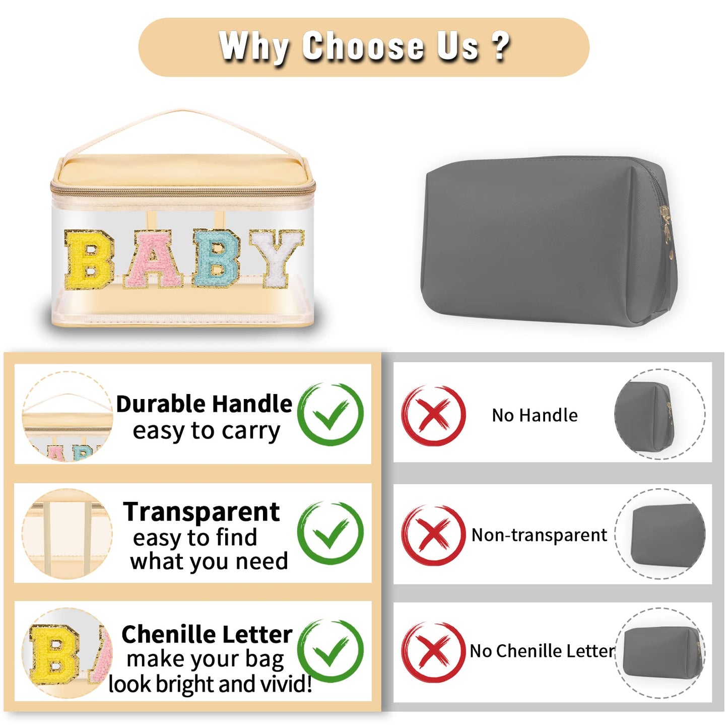 Chenille Letter Clear Makeup Bags Baby Pouch, Preppy Patch Makeup Bag Zipper with Handle, Transparent PVC & Nylon Waterproof Glitter Cosmetic Handbag Travel Toiletry Storage for Women Girl(BABY-Beige)