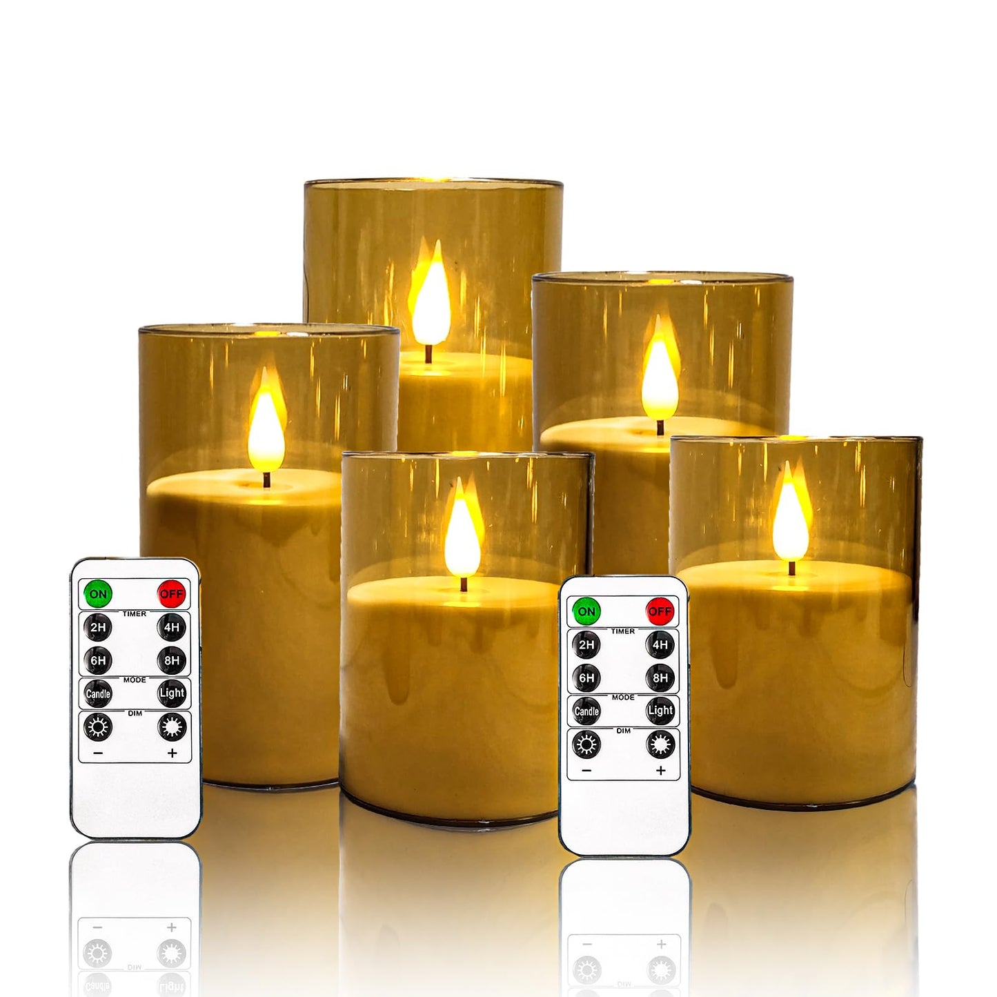 NICEME Amber Flickering Flameless Candles, Battery Operated Acrylic LED Pillar Candles with Remote Control and Timer Flameless Halloween Candles for Christmas New Year Home Decor, Set of 5