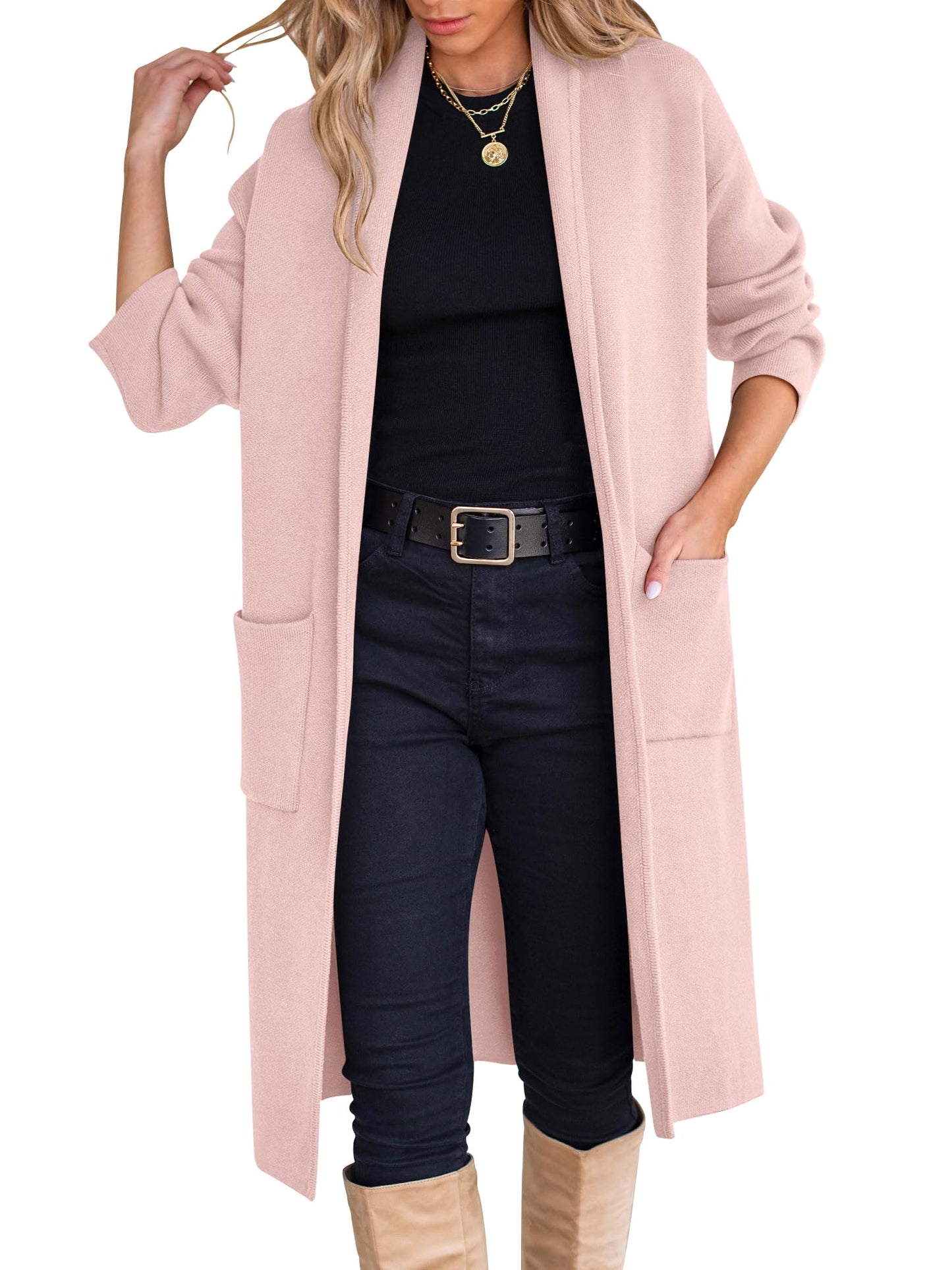 ANRABESS Women's Cardigan Long Sweater Oversized Open Front Knit Duster Coat 2025 Trendy Lady Fall Coatigan Outerwear Light Pink Medium