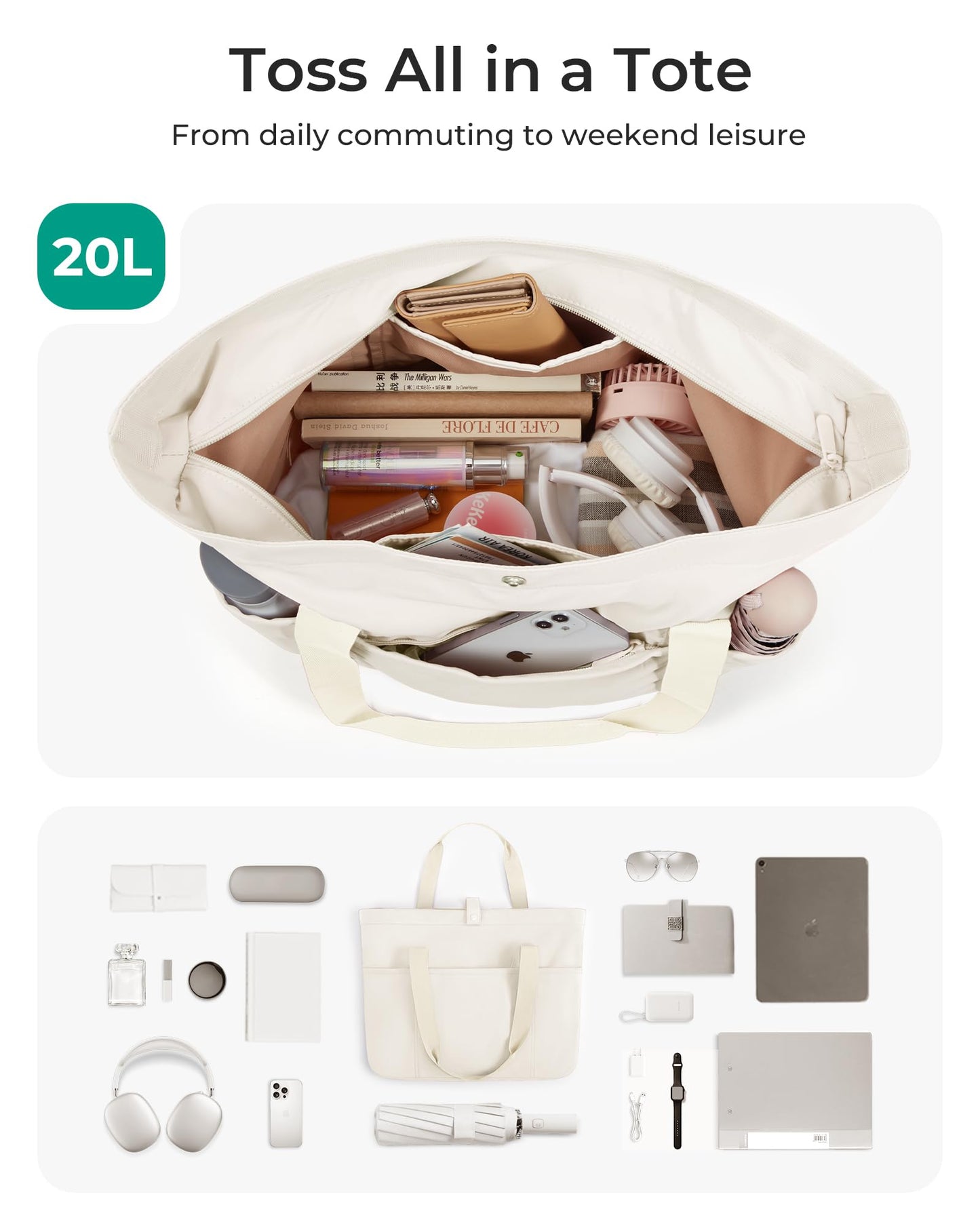 BAGSMART Tote Bag for Women, Foldable Tote Bag With Zipper Travel Large Shoulder Bag Handbag for Work-16.5''l X 6''wx 14''h