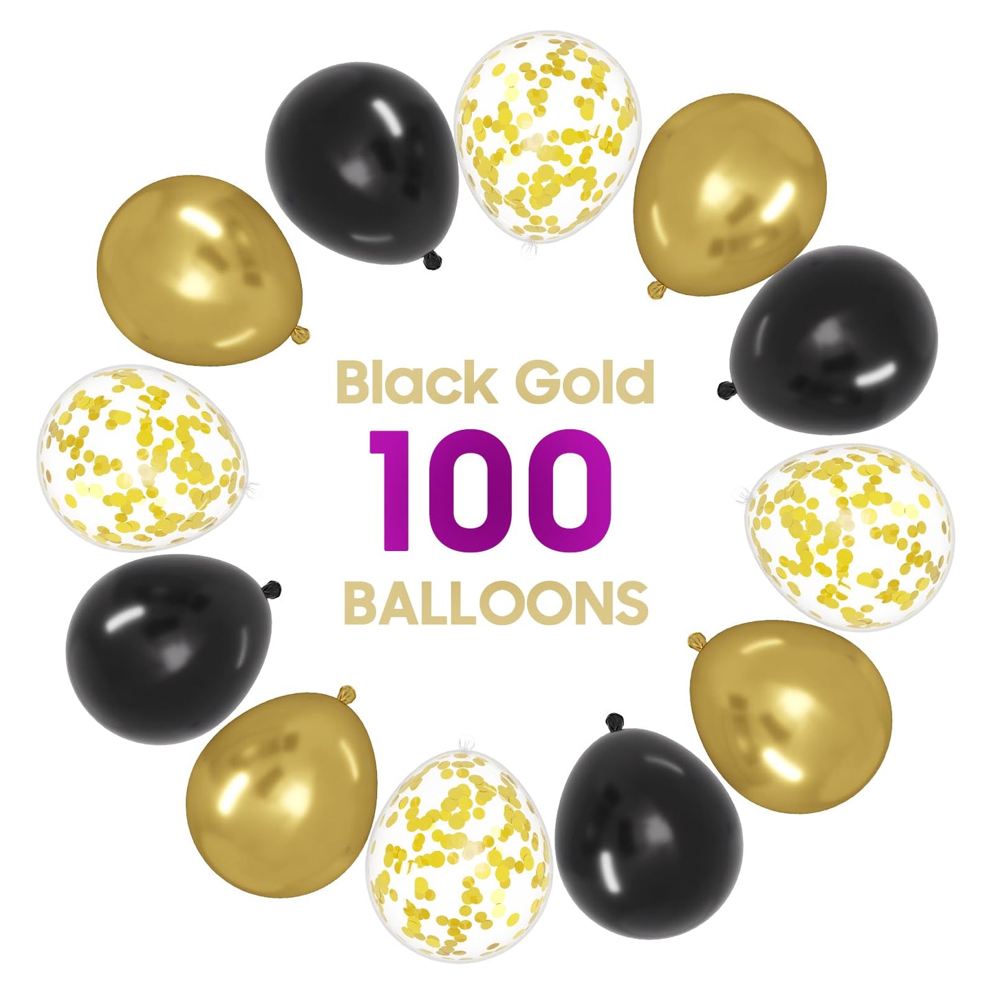 OWill Black and Gold Confetti Balloons, 100pcs 12 Inches Black and Gold Balloons for Birthdays, Graduation Decorations, Weddings & Arches, Garlands & Party Decorations