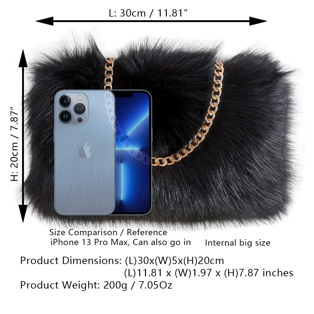 FHQHTH Faux Fox Fur Purse Fuzzy Handbags for Women Evening Handbags Al alloy Shoulder Strap [Black]