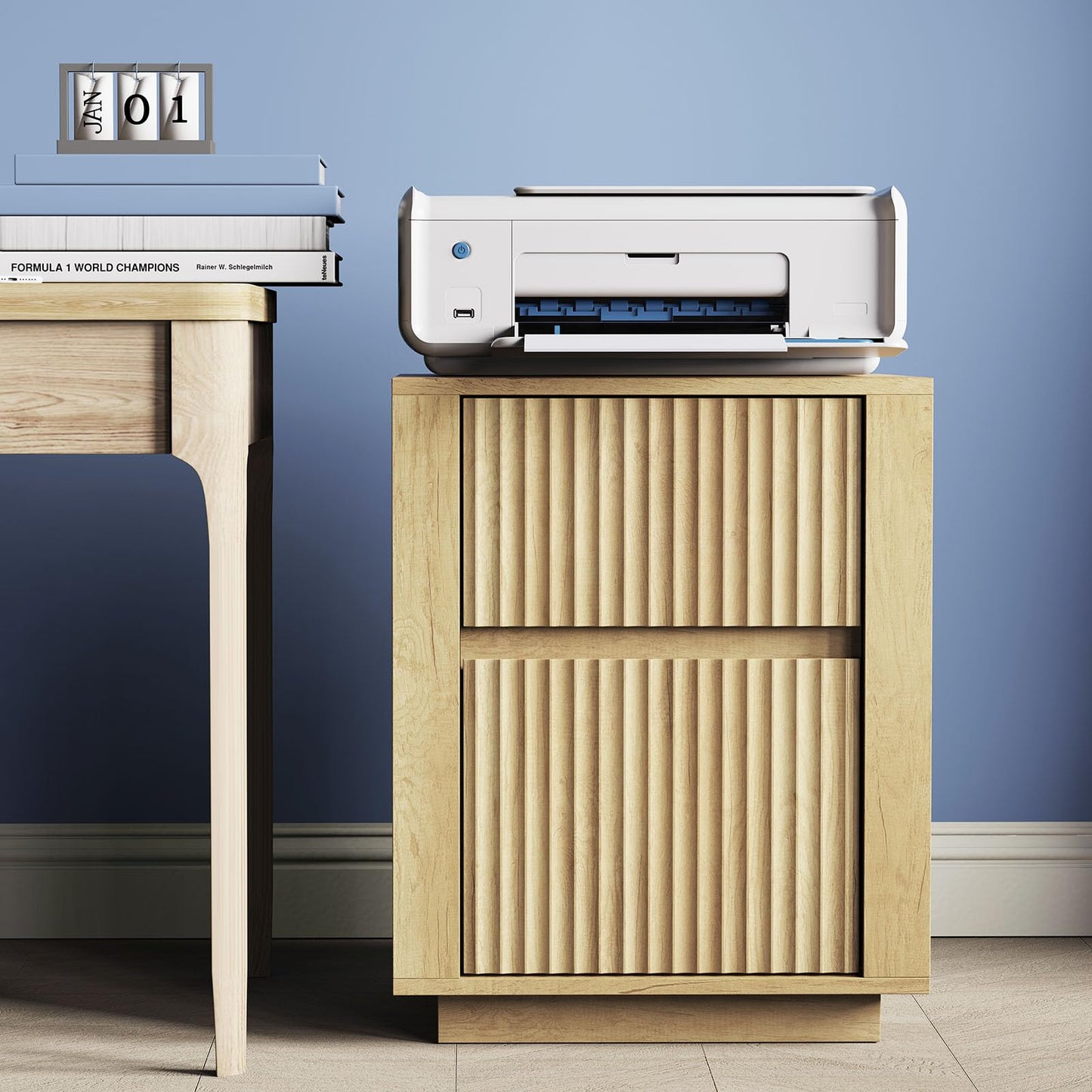 Modern Nightstand with USB Charging Ports, Wavy Bedside Table for Bedroom, Wood End Table Storage Cabinet for Living Room Sofa Office (Double Drawer)