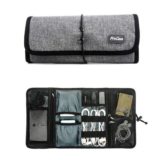 ProCase Electronic Organizer Cord Pouch, Travel Cable Charger Phone Accessories Bag Organizer Roll up Tech Carrying Case for USB Cables SD Memory Cards Earphone Flash Hard Drive -Grey