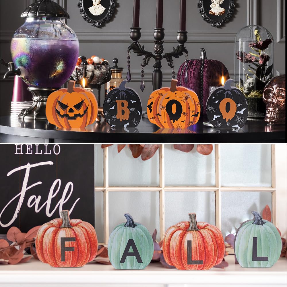 DECSPAS Fall Decorations for Home & Halloween Decorations Indoor, Double-Sided Pumpkin Wood Sign with Fall & Boo Lettered, Autumn Wooden Block Set for Table, Tiered Tray, Mantle, Thanksgiving Decor