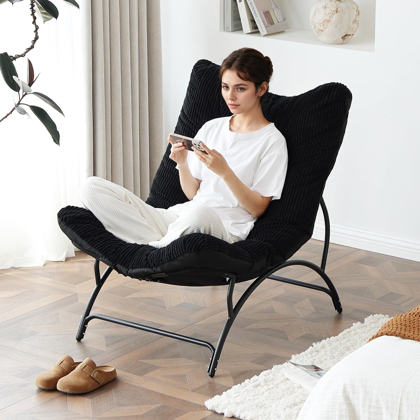 Welnow Accent Lounge Lazy Chair, Comfy Soft Leisure Metal Frame Reading Chair, Upholstered Thick Cushion Seated Recliner Sofa for Living Room, Bedroom, Dorm, Black