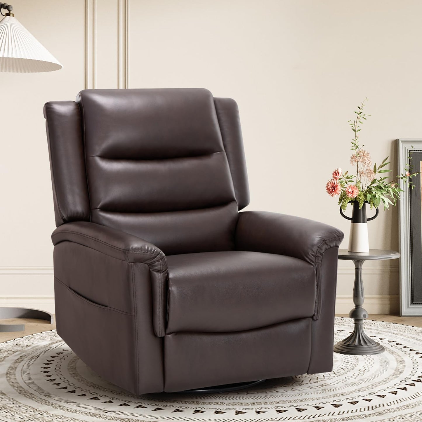 COLAMY Oversized Leather Recliner Chair, 360°Swivel Rocking Manual Recliner with Thick Cushioned Padding Backrest and Wide Seat - Darkbrown