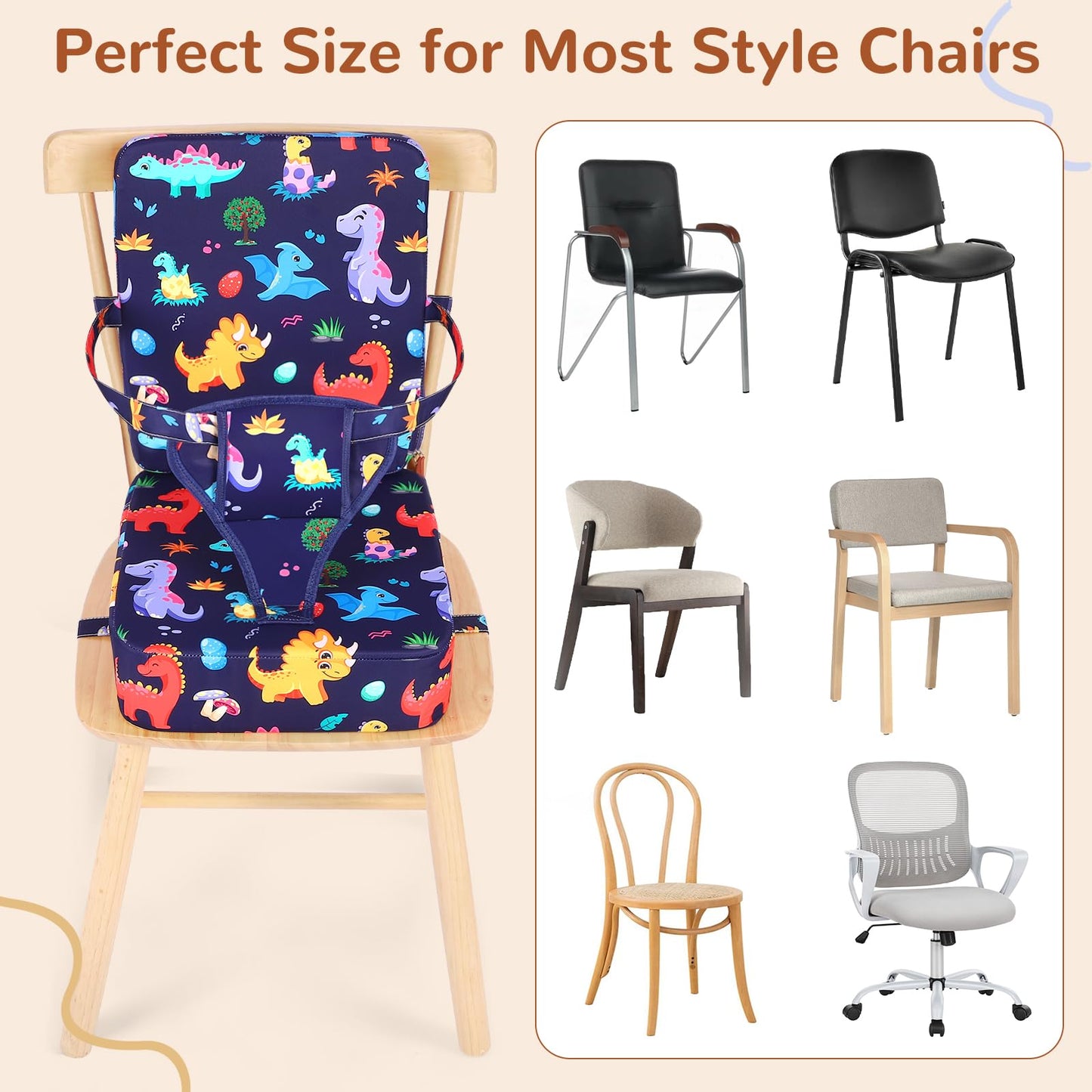 TOTIDYH Toddler Booster Seat for Kitchen Chair, Non-Slip Bottom Dining Table Booster Seat with Backrest and Adjustable Straps, Portable Eating Travel Increasing Cushion