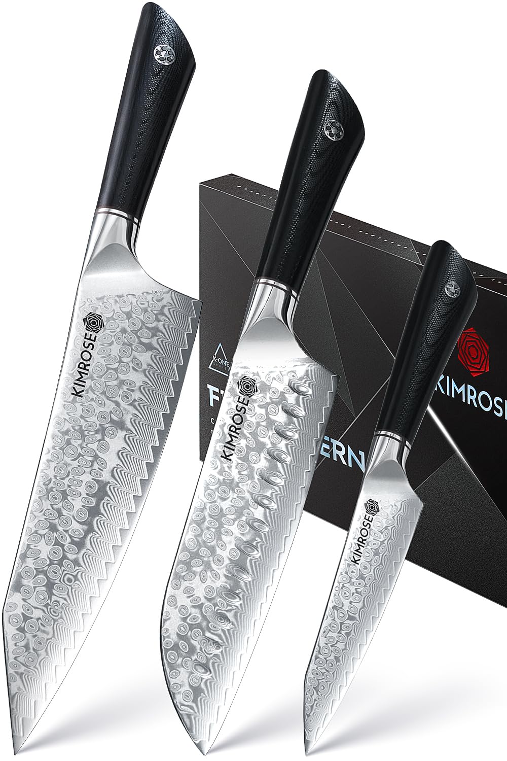 KIMROSE Damascus Knife Set - 3PCS - High-Carbon 10Cr15CoMoV Alloy Steel - Professional Chef Knife - G10 Handle - Razor Sharp Kitchen Knives - Magnetic Sheath - Gift Box