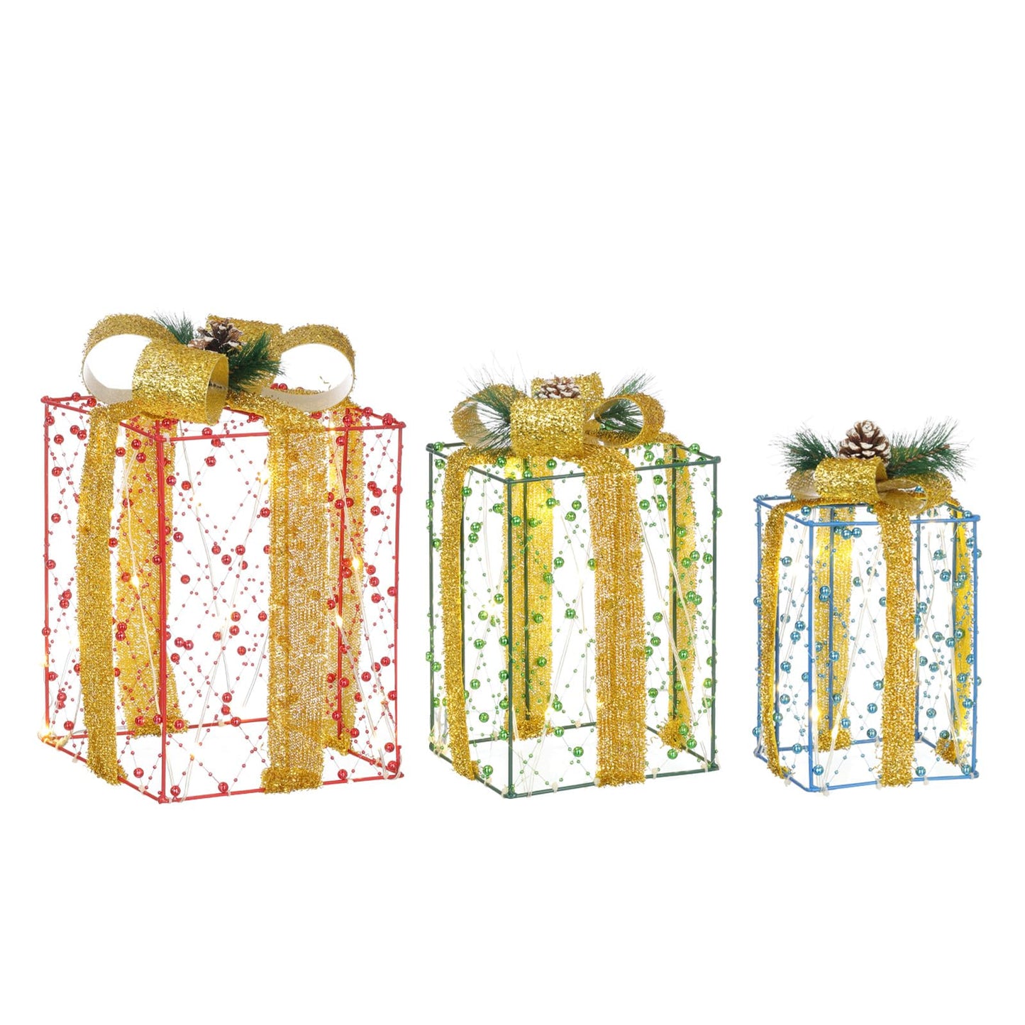 3 Pcs Christmas Lighted Gift Boxes, Pre-lit Xmas Present Boxes with Red Green Blue Beaded Ribbons 60 Warm White LEDs for Home Lawn Indoor Outdoor Christmas Decor