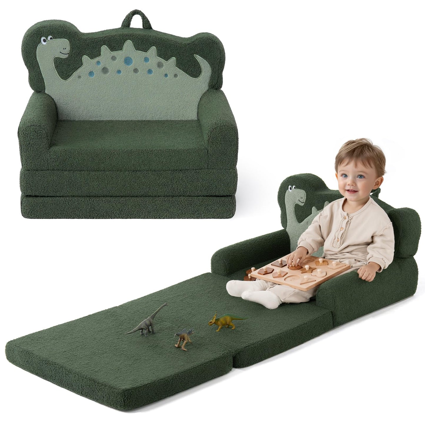 Blissful Diary Kids Couch, 2-in-1 Soft Toddler Couch Fold Out, Toddler Chair Comfy, Convertible Sofa to Lounger, Kids Furniture for Playroom, Gift for Birthday, Children's Day, Green Dinosaur