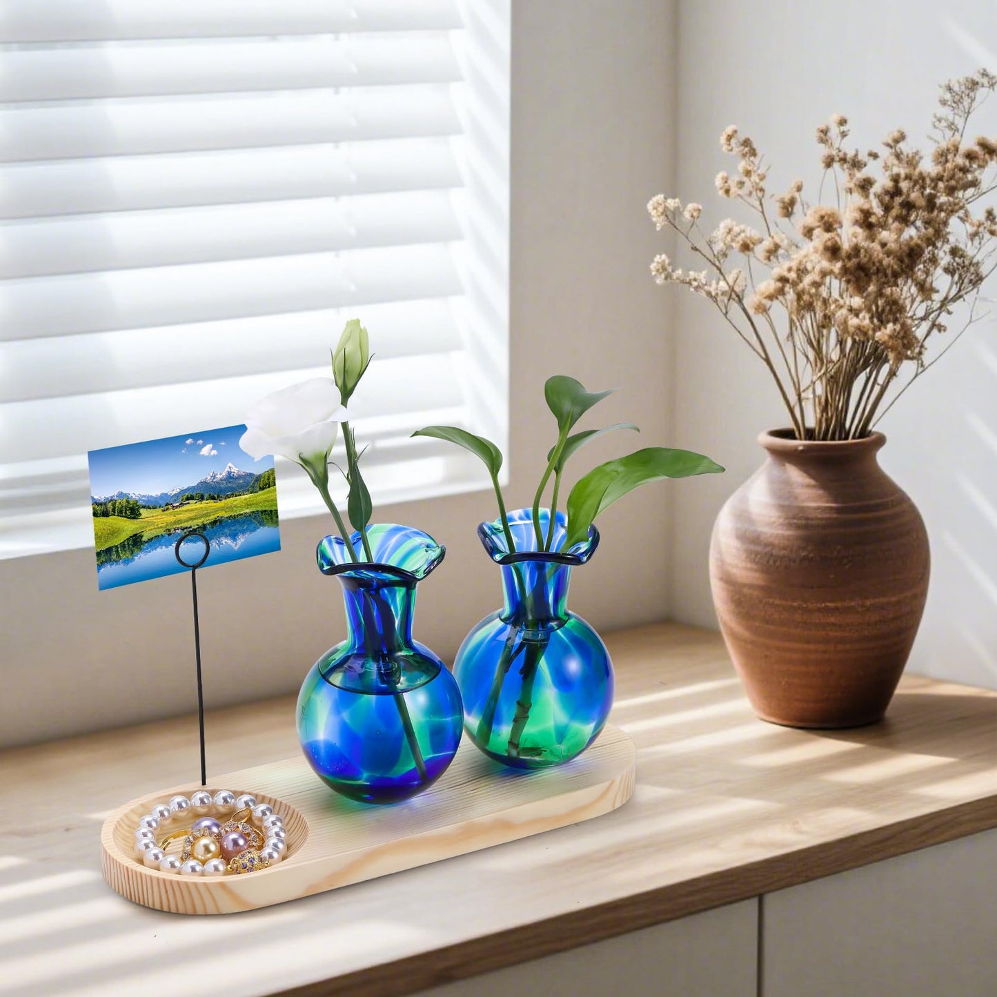 Pozfun Tabletop Hand Blown Glass Plant Propagation Stations Planter Terrarium with Wooden Jewelry Tray and Photo Holder Hydroponic Plants Centerpiece Office Home Garden Decor